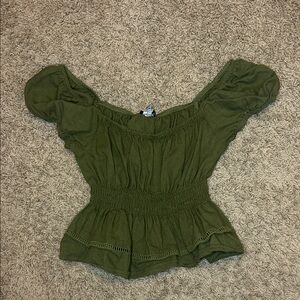 Pacsun Linen Olive Green Smocked Off-Shoulder Top
